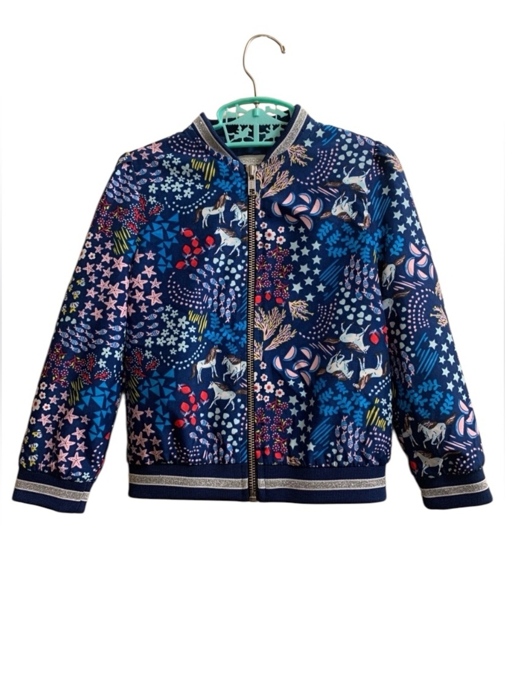 Monsoon Blue Floral Unicorn Silver Sparkle Bomber Jacket Girl’s 3-4 Years.     V